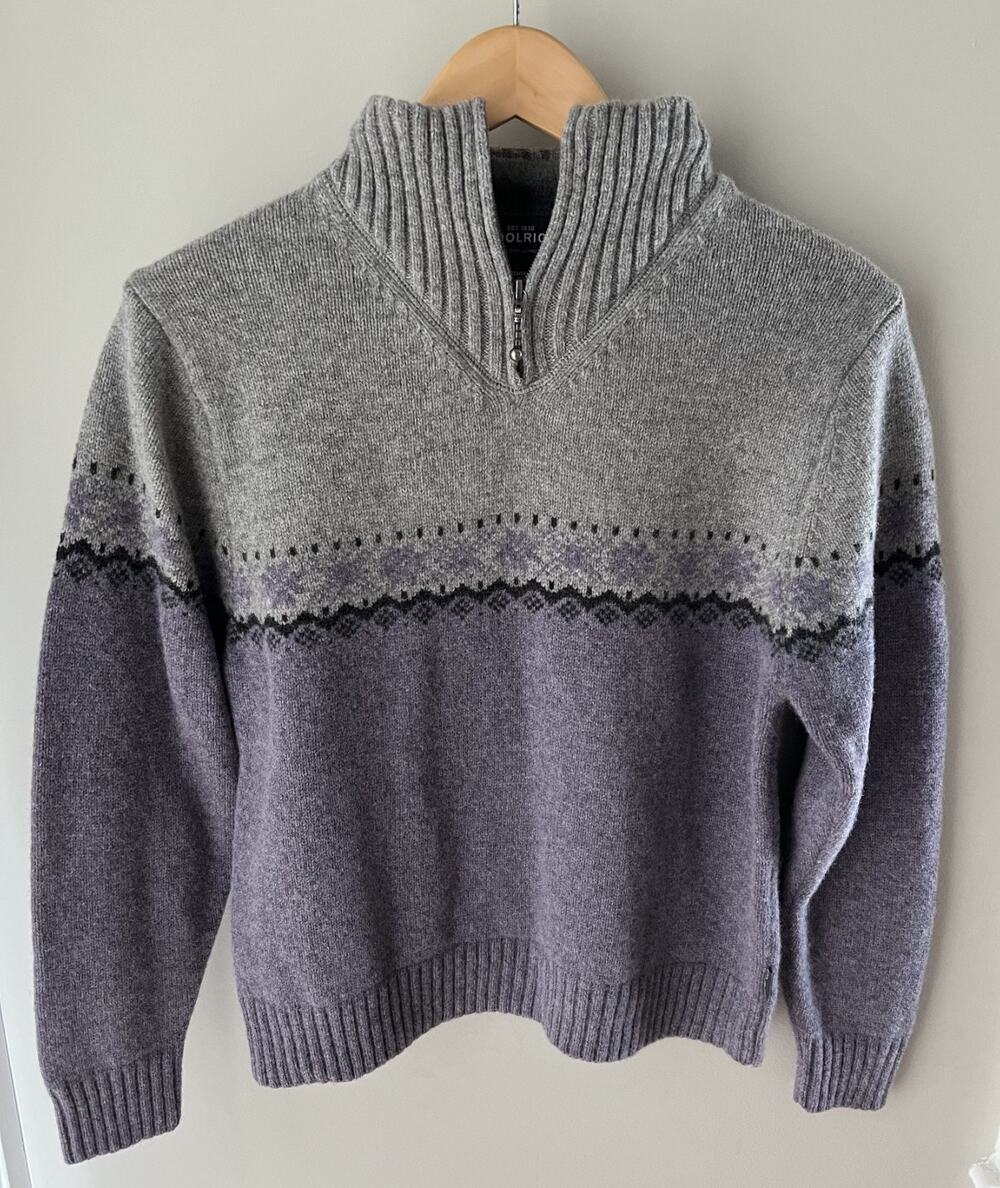 Woolrich Women's LP Lambswool Fair Isle Nordic 1/4 Zip Sweater Plum Gray Ski Top